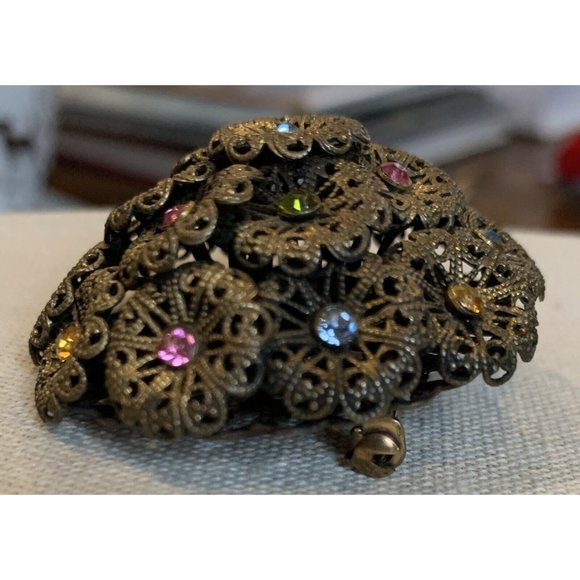 Vintage Czech Brass and Rhinestone Domed Filigree Pin Brooch - Picture 4 of 10